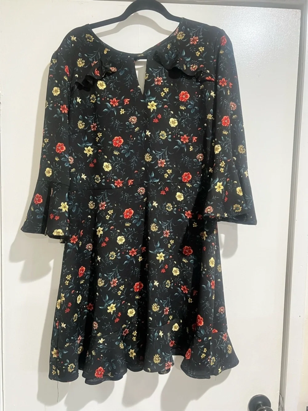 Floral Ruffle A-Line Dress in Black with Red & Yellow Flowers - Picture 4 of 6
